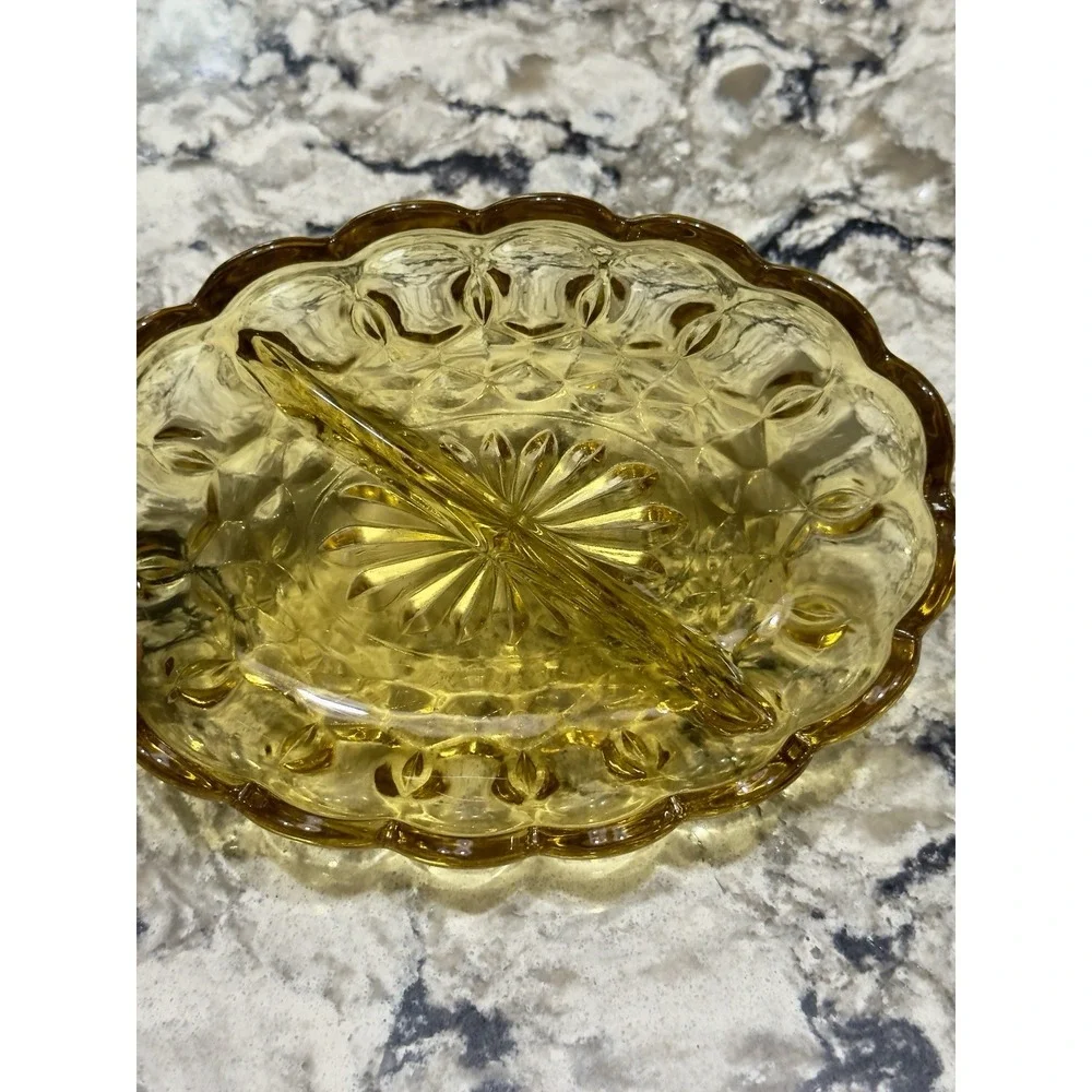 Vintage Clear Oval Amber Glass Divided Dish Candy 7x5